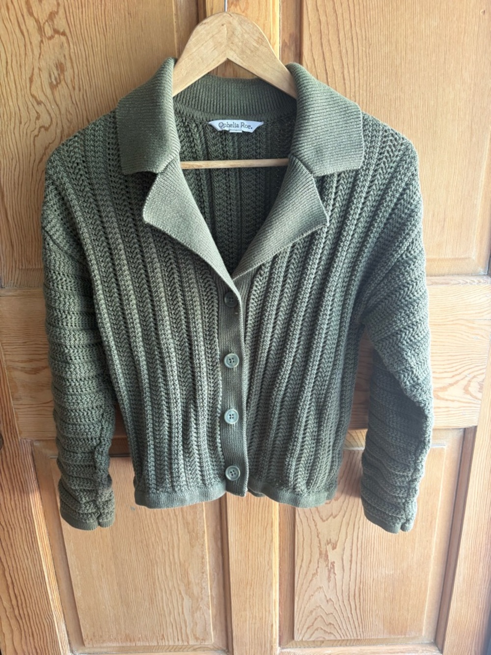 Olive Green Collared Cardigan | Ophelia Roe | Size Small